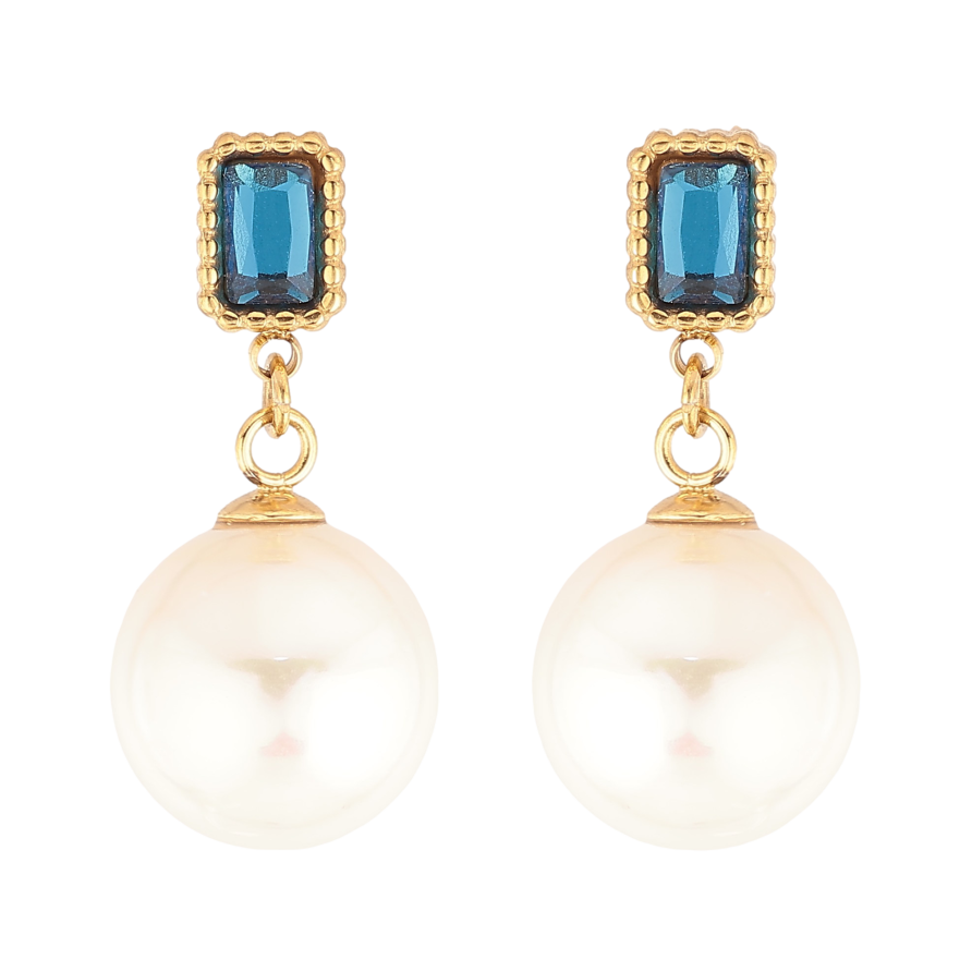 Сережки Нержавіюча сталь пусети "Перлинні підвіски з синіми кристалами" фото №1