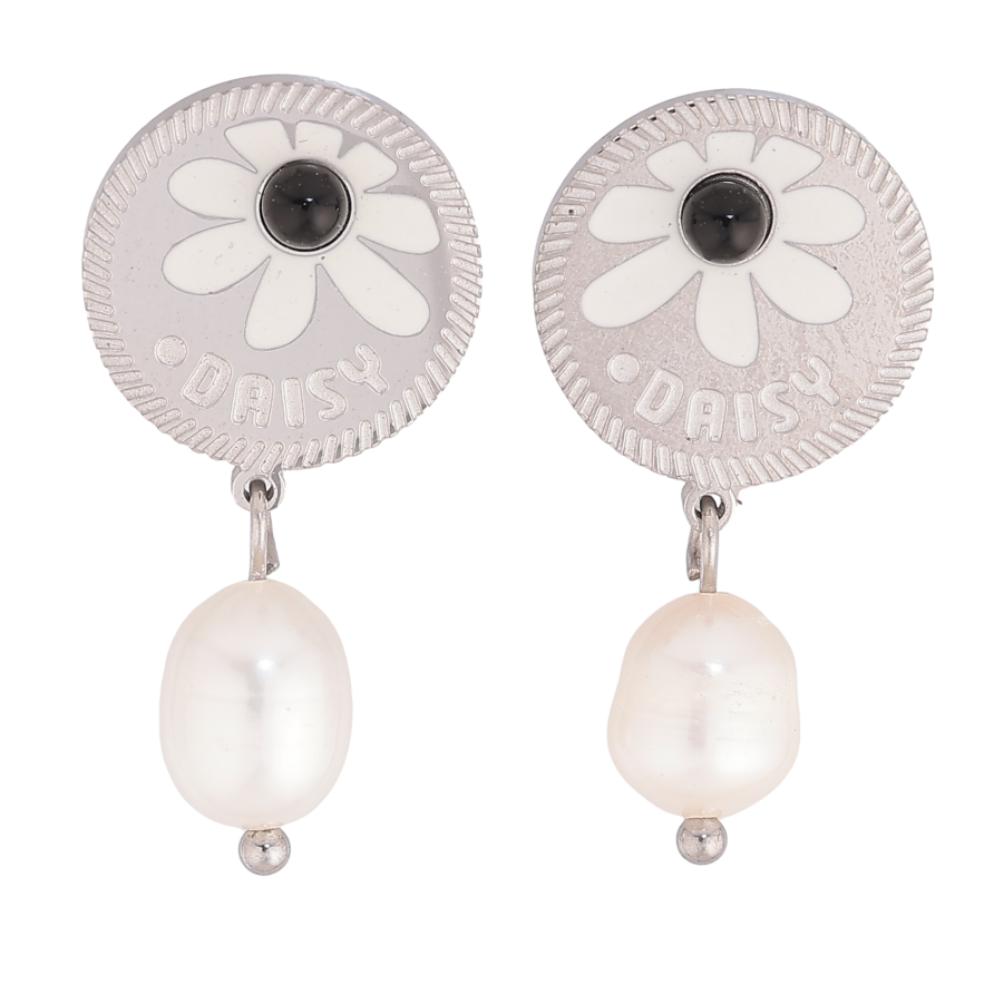 Серьги Нержавеющая сталь пусеты "Жемчужные подвески с цветочным узором" фото №1