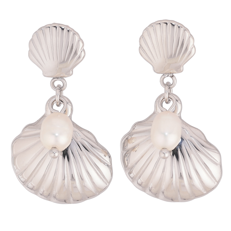 Сережки Нержавіюча сталь пусети "Підвіски ракушки з перлинами" фото №2