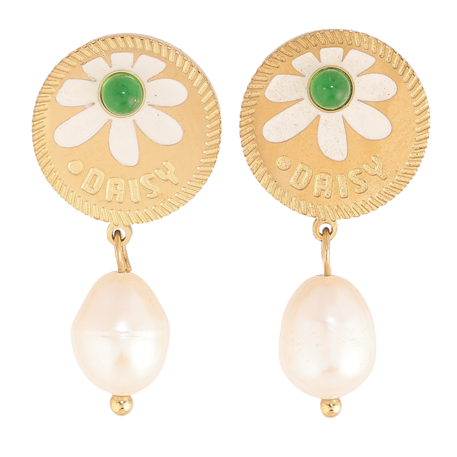 Серьги Нержавеющая сталь пусеты "Жемчужные подвески с цветочным узором" фото №1