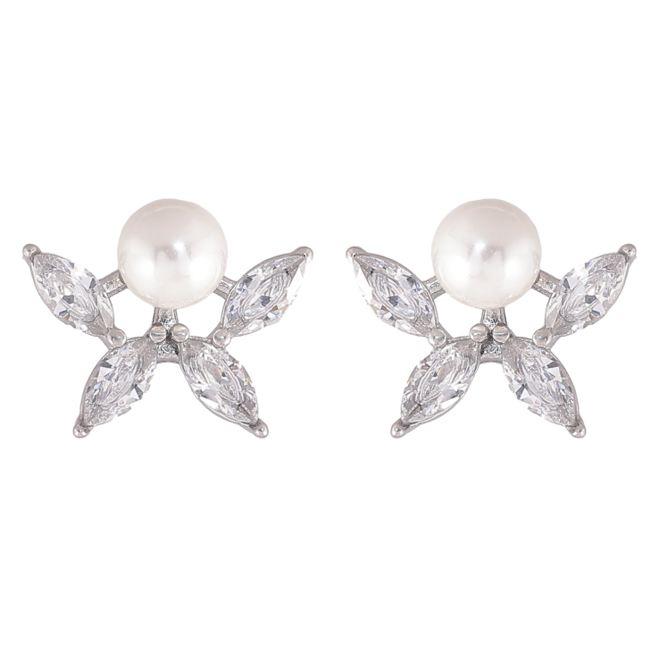 Серьги Нержавеющая сталь пусеты "Кристальные цветочки с жемчужинами" фото №15