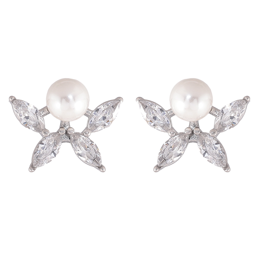 Серьги Нержавеющая сталь пусеты "Кристальные цветочки с жемчужинами" фото №1