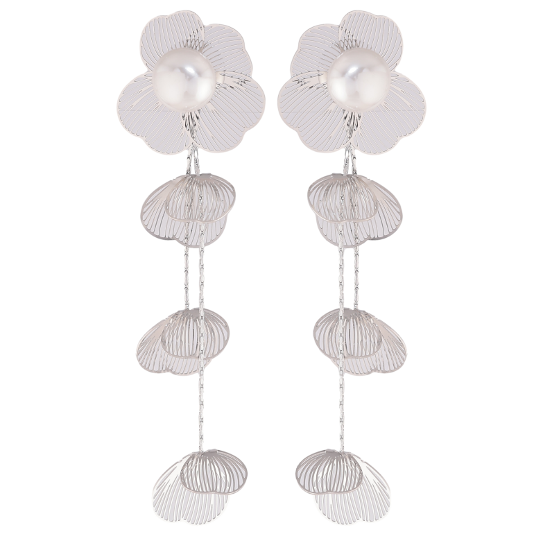 Сережки Нержавіюча сталь пусети "Квіткові підвіски з перлинами" фото №1