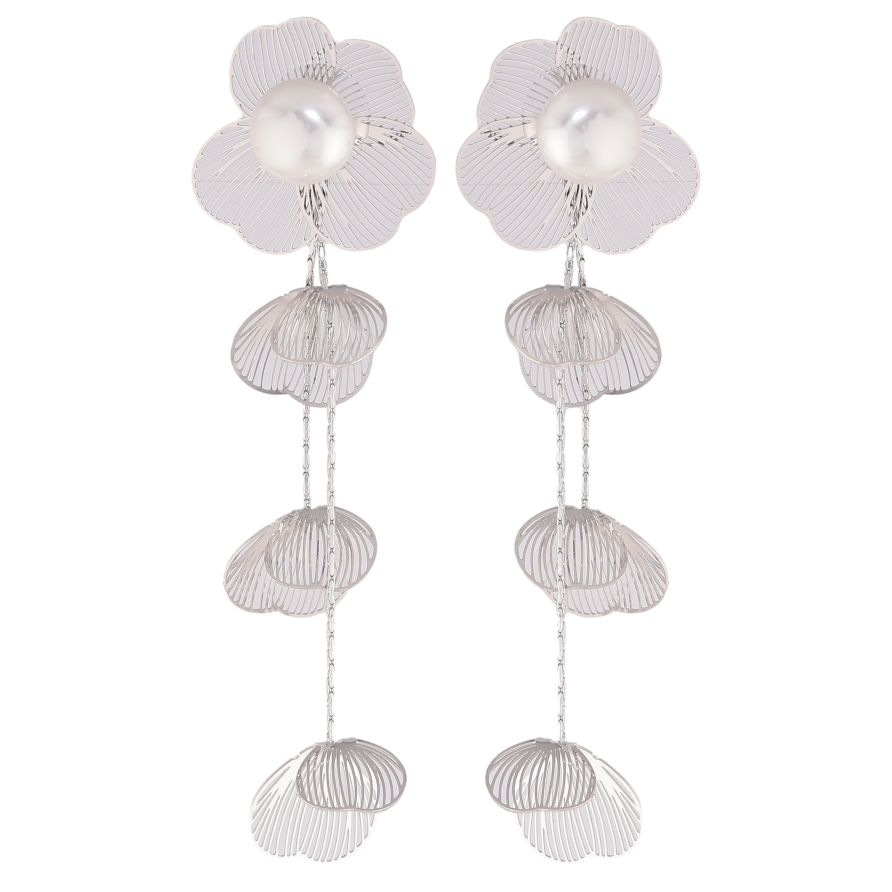 Серьги Нержавеющая сталь пусеты "Цветочные подвески с жемчужинами" фото №1