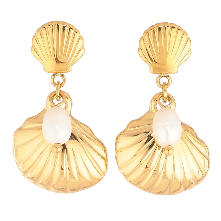 Сережки Нержавіюча сталь пусети "Підвіски мушлі з перлинами" фото №9