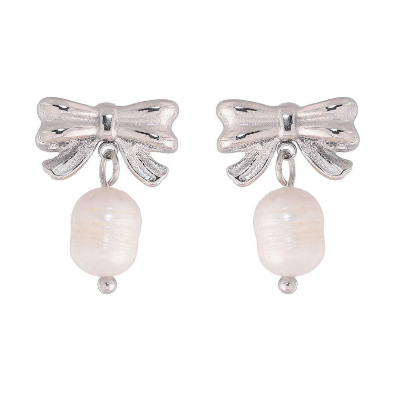 Серьги Нержавеющая сталь пусеты "Банты с жемчужинами" фото №1