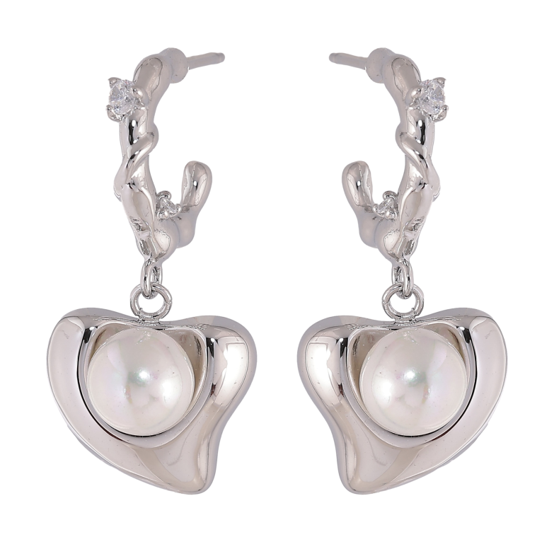 Серьги Нержавеющая сталь пусеты "Сердечки с жемчужинами" фото №1