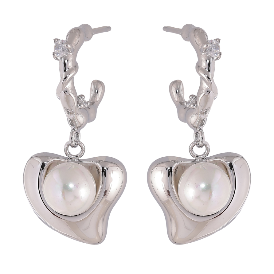 Серьги Нержавеющая сталь пусеты "Сердечки с жемчужинами" фото №1