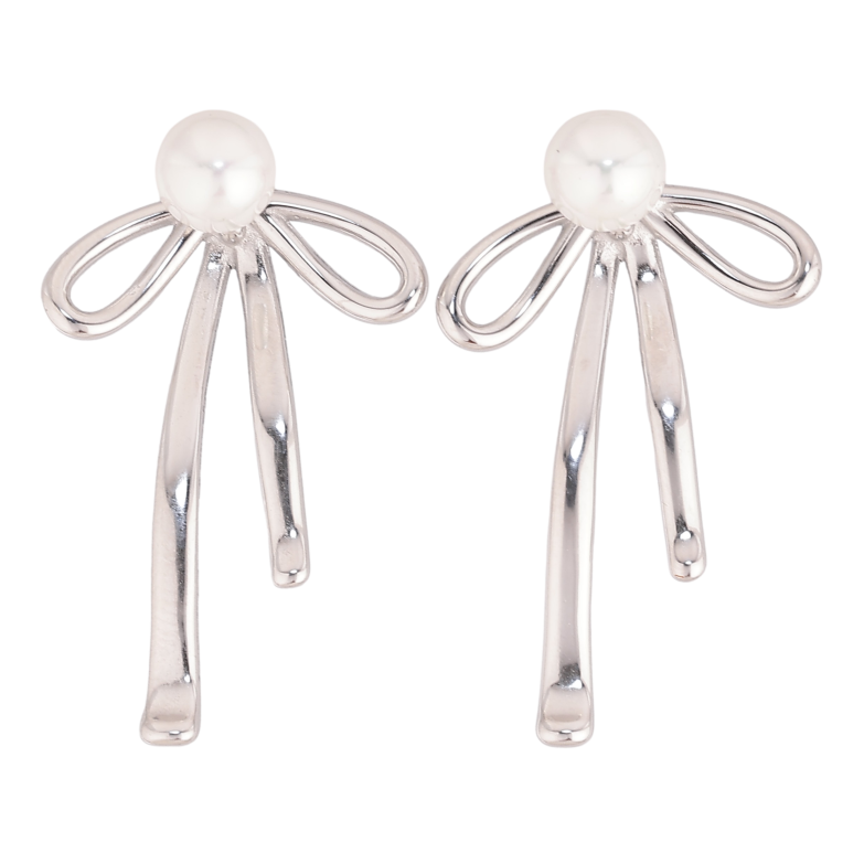 Серьги Нержавеющая сталь пусеты "Жемчужины с бантами" 2 в 1, ø 6мм фото №1