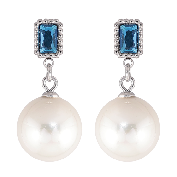 Серьги Нержавеющая сталь пусеты "Синие кристаллы с жемчужными подвесками" фото №17