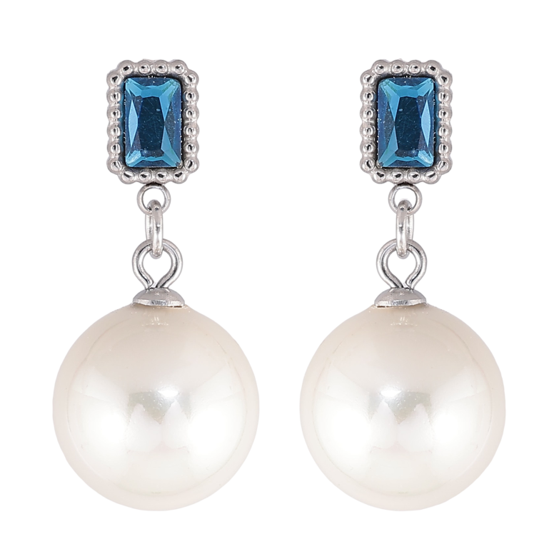 Серьги Нержавеющая сталь пусеты "Синие кристаллы с жемчужными подвесками" фото №1