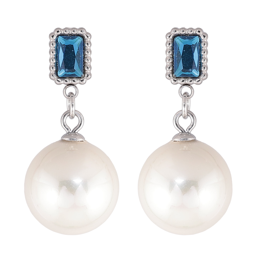 Серьги Нержавеющая сталь пусеты "Синие кристаллы с жемчужными подвесками" фото №1