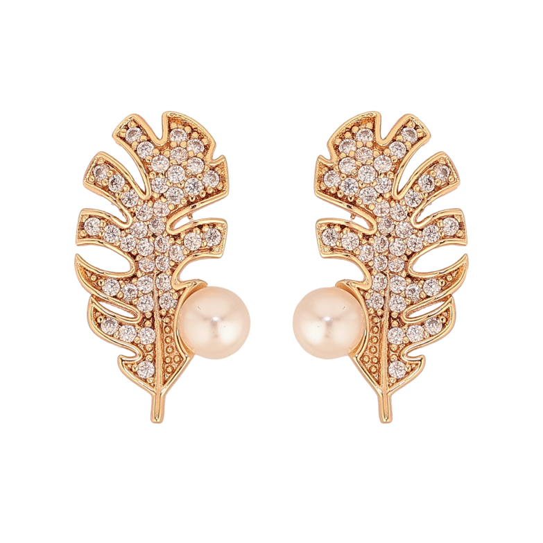 Сережки Xuping M&L колір 18K пусети "Листочки з перлами та кристалами" фото №1 Сережки Xuping M&L колір 18K пусети "Листочки з перлами та кристалами" фото №1