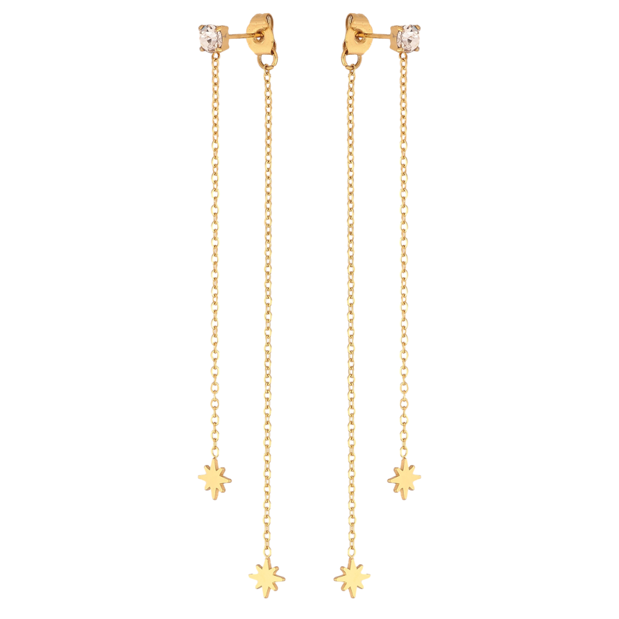 Сережки Xuping TTM Stainless Steel колір 14К пусети-джекети "Зірочки на ланцюжках" фото №1