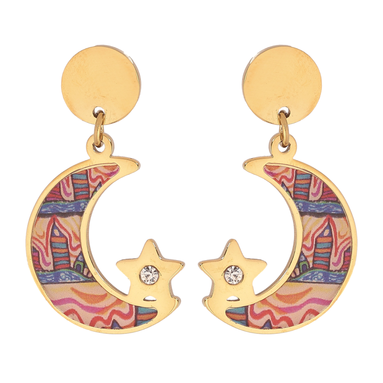 Серьги Xuping TTM Stainless Steel цвет 14К пусеты "Полумесяц и звезда с цветной вставкой" фото №1