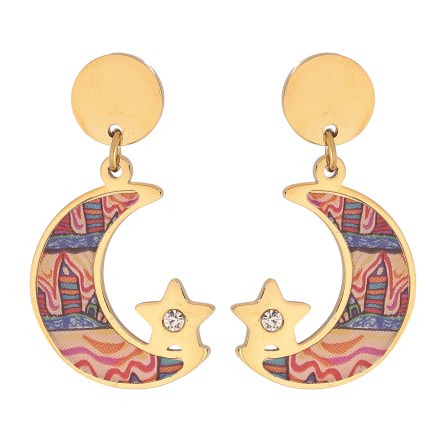 Сережки Xuping TTM Stainless Steel колір 14К пусети "Півмісяць та зірка з кольоровою вставкою" фото №1