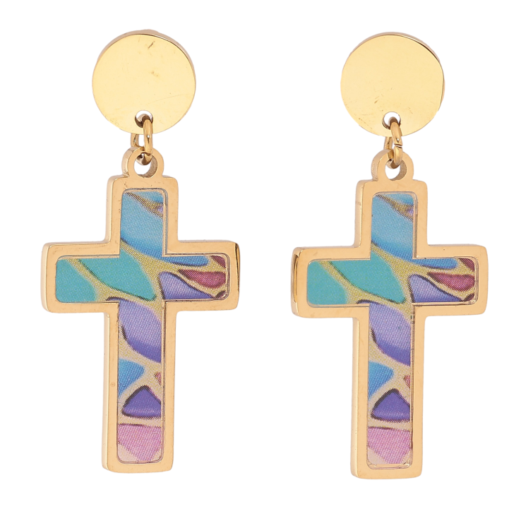 Серьги Xuping TTM Stainless Steel цвет 14К пусеты "Крестики с цветными вставками" фото №3