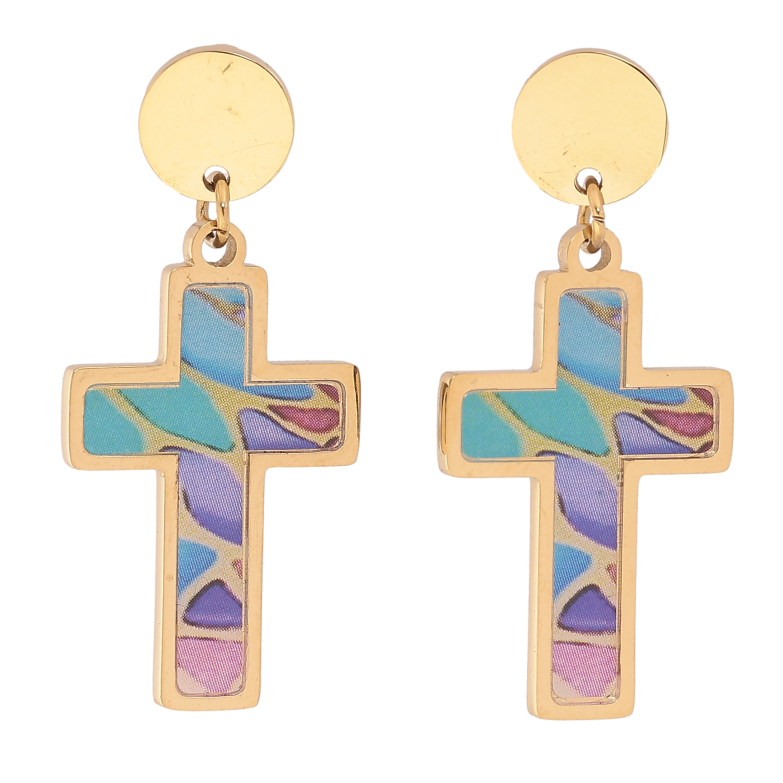 Серьги Xuping TTM Stainless Steel цвет 14К пусеты "Крестики с цветными вставками" фото №1