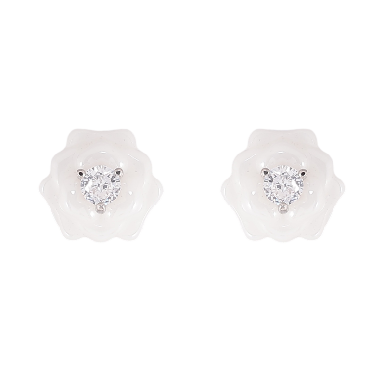 Серьги Xuping TTM Stainless Steel цвет Родий пусеты "Белые керамические цветочки с кристаллами"  фото №1