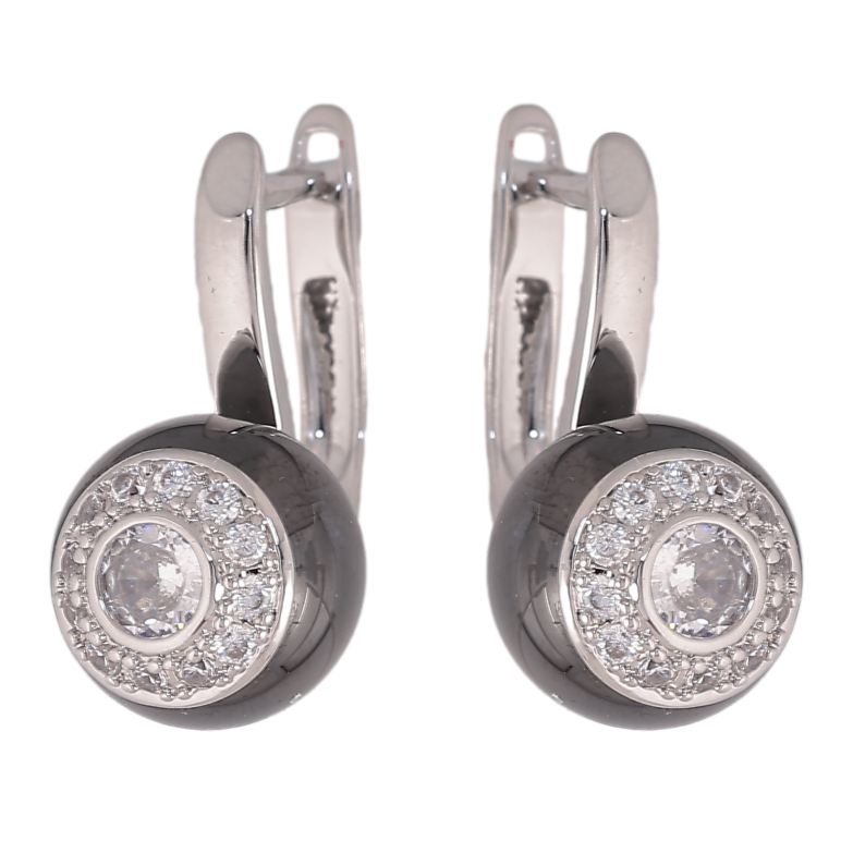 Серьги Xuping TTM Stainless Steel цвет Родий английский замок "Шарики из черной керамики с кристаллами" фото №1