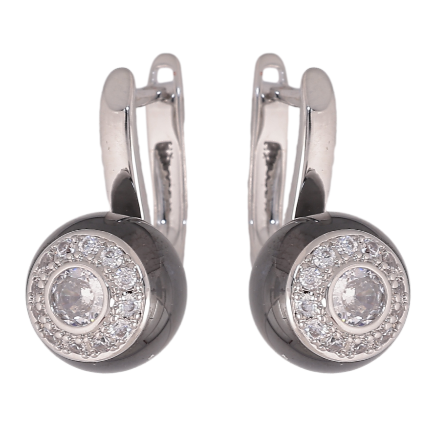 Сережки Xuping TTM Stainless Steel колір Родій англійський замок "Кульки з чорної кераміки з кристалами" фото №1