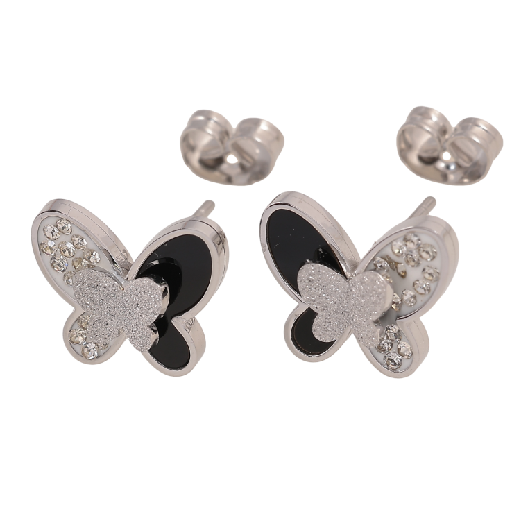 Сережки Xuping TTM Stainless Steel колір Родій пусети "Метелики з чорними вставками та кристалами" фото №14