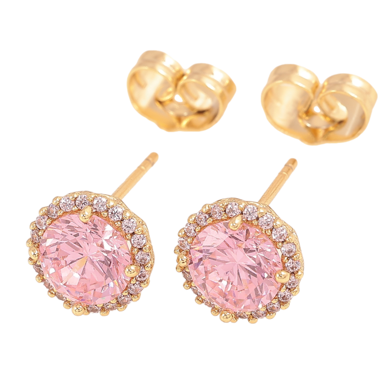 Сережки Xuping колір Позолота 14K пусети "Рожеві кристали в обрамленні" ø 9мм фото №1