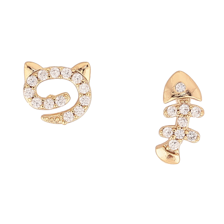 Серьги Xuping цвет Позолота 14K пусеты "Котик с рыбкой" фото №1