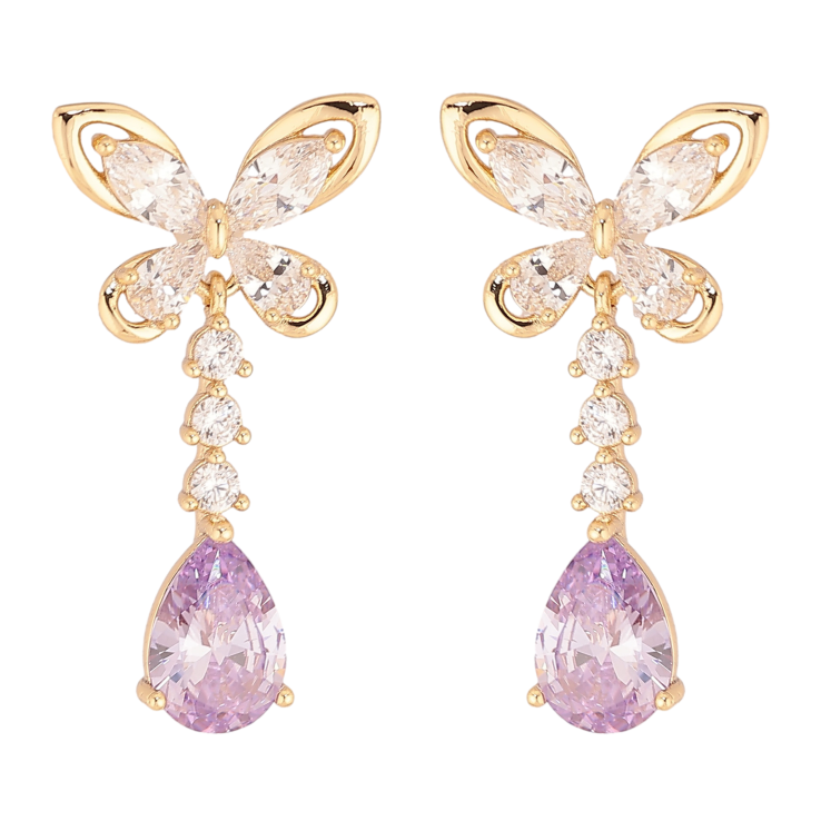 Сережки Xuping колір Позолота 14K пусети "Кристальні метелики з бузковими кристалами" фото №12