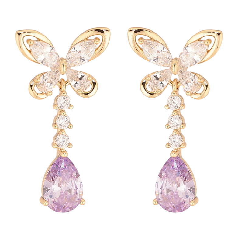 Сережки Xuping колір Позолота 14K пусети "Кристальні метелики з бузковими кристалами" фото №1