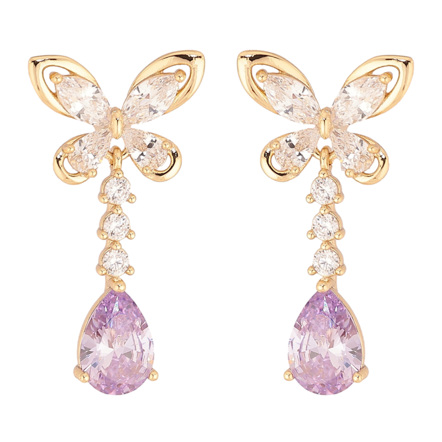 Серьги Xuping цвет Позолота 14K пусеты "Кристальные бабочки с сиреневыми кристаллами" фото №1