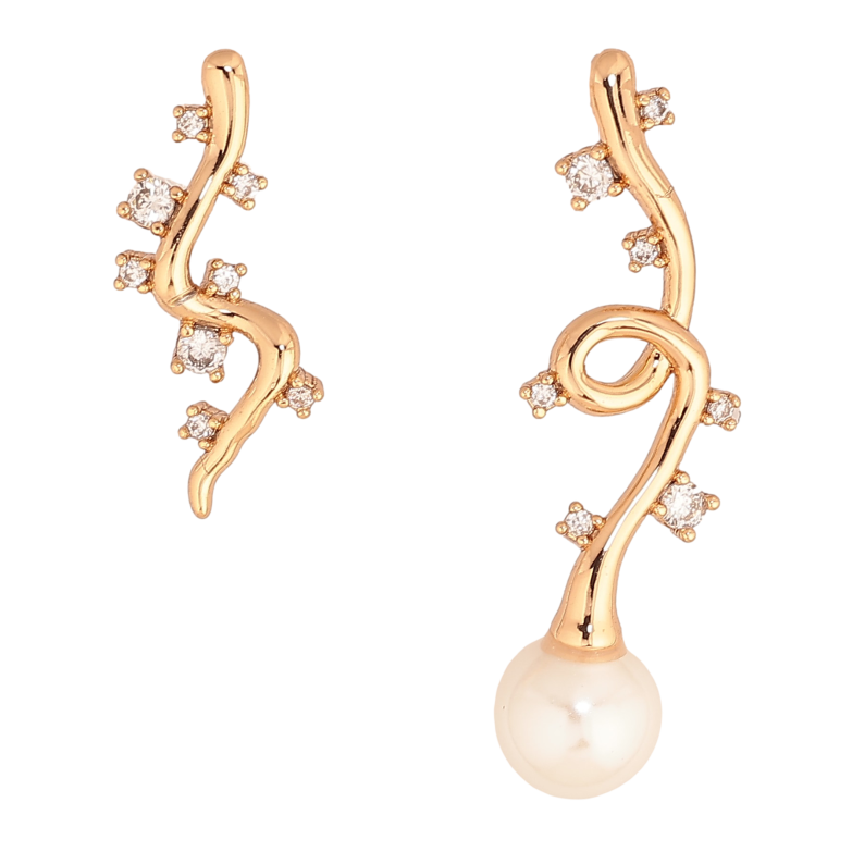 Сережки Xuping колір Позолота 18К пусети "Асиметричний візерунок з кристалами та перлинами" фото №1