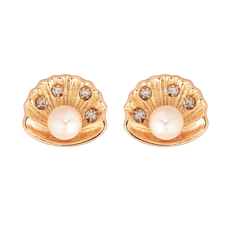 Сережки Xuping колір Позолота 18К пусети "Мушля з перлинами" фото №1