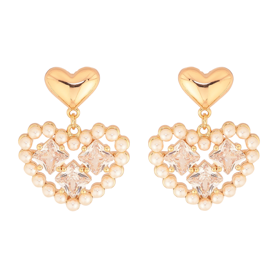 Серьги Xuping цвет Позолота 18К пусеты "Сердечки с кристаллами и жемчужинами" фото №1
