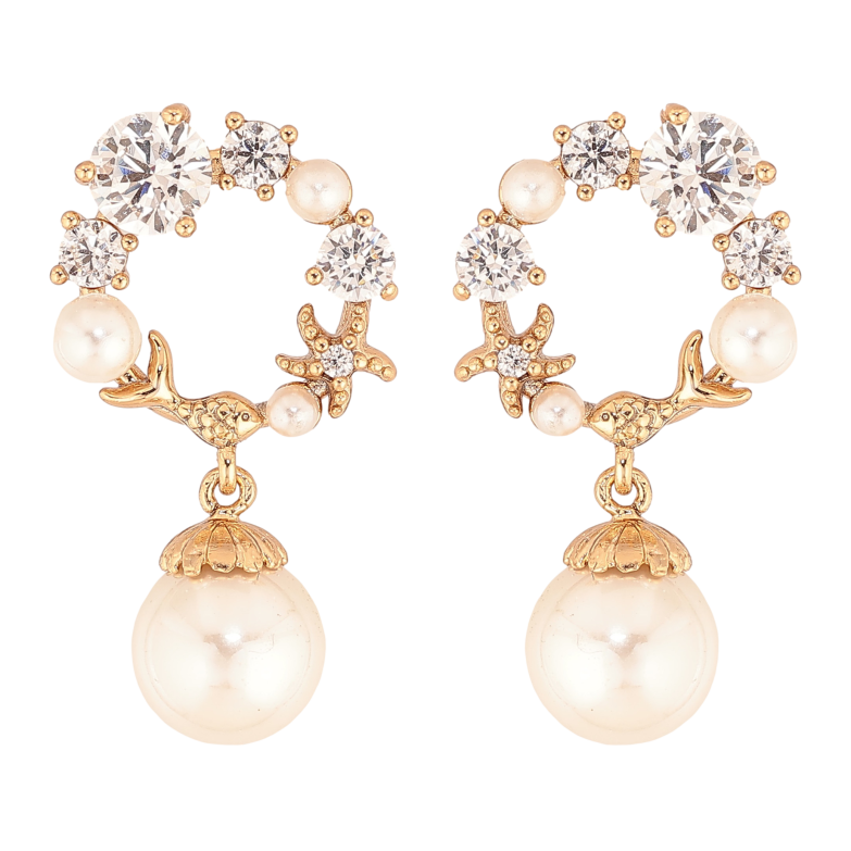 Серьги Xuping цвет Позолота 18К пусеты "Кристальные колечки с жемчужинами" фото №1