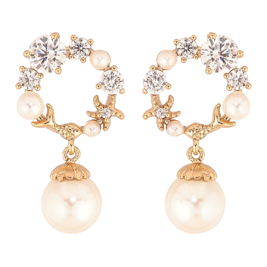 Сережки Xuping колір Позолота 18К пусети "Кристальні кільця з перлинами" фото №1