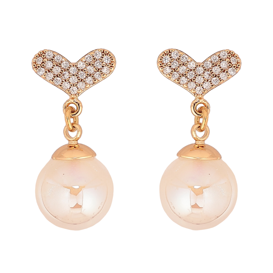 Серьги Xuping цвет Позолота 18К пусеты "Сердечки с жемчужными подвесками" фото №1