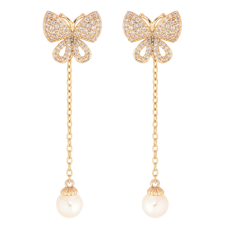 Серьги Xuping цвет Позолота 18К пусеты "Бабочки с жемчужными подвесками" фото №15