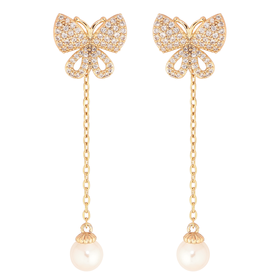 Серьги Xuping цвет Позолота 18К пусеты "Бабочки с жемчужными подвесками" фото №1