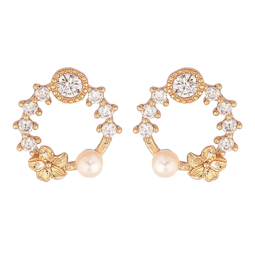 Сережки Xuping колір Позолота 18К пусети "Кільця з кристалами та перлинами" фото №1