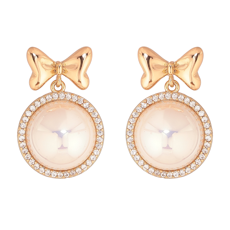 Серьги Xuping цвет Позолота 18К пусеты "Банты с перламутровыми подвесками" фото №11