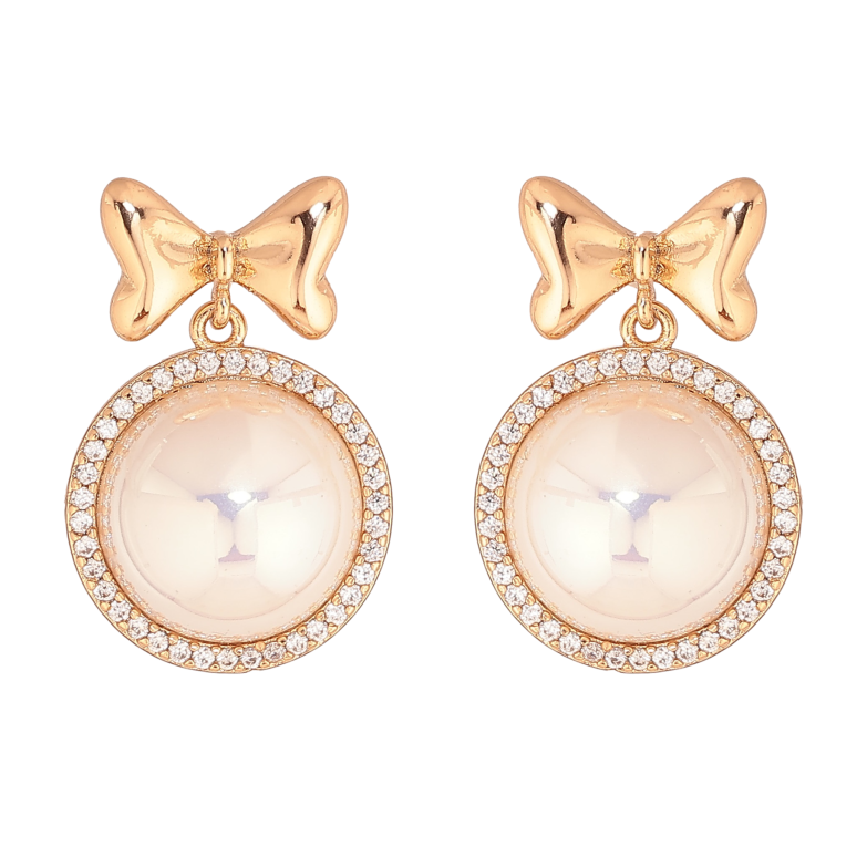 Серьги Xuping цвет Позолота 18К пусеты "Банты с перламутровыми подвесками" фото №1