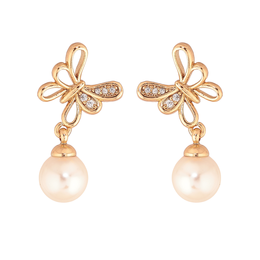 Серьги Xuping цвет Позолота 18К пусеты "Бабочки с жемчужными подвесками" фото №1