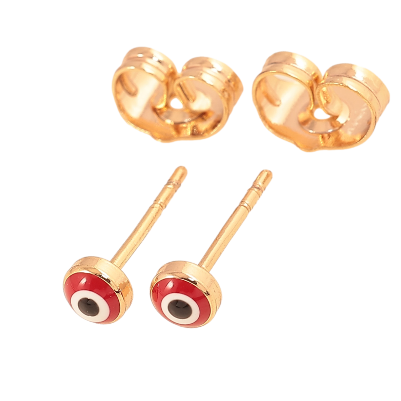 Серьги Xuping цвет Позолота 18К пусеты "Оберег красный глаз Фатимы" ø 4мм фото №1