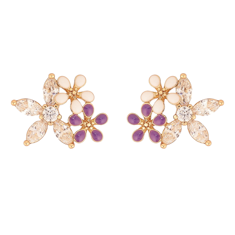 Серьги Xuping цвет Позолота 18К пусеты "Цветочки с кристаллами и эмалью" фото №4