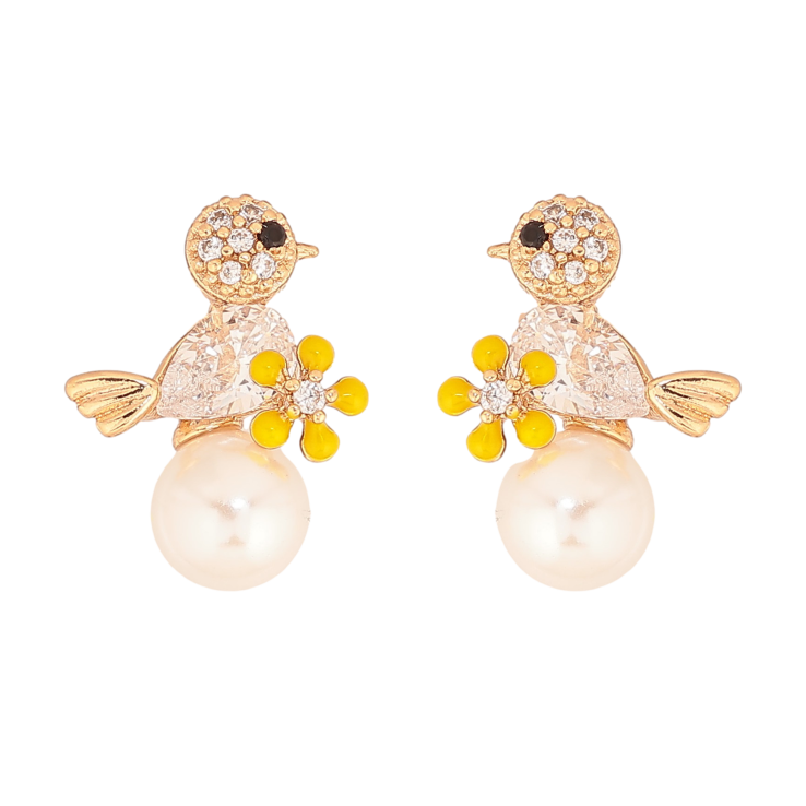 Серьги Xuping цвет Позолота 18К пусеты "Птичка с жемчужиной и желтым цветочком" фото №8