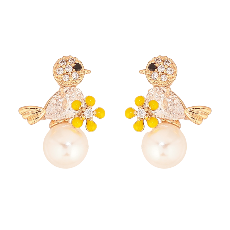 Серьги Xuping цвет Позолота 18К пусеты "Птичка с жемчужиной и желтым цветочком" фото №1