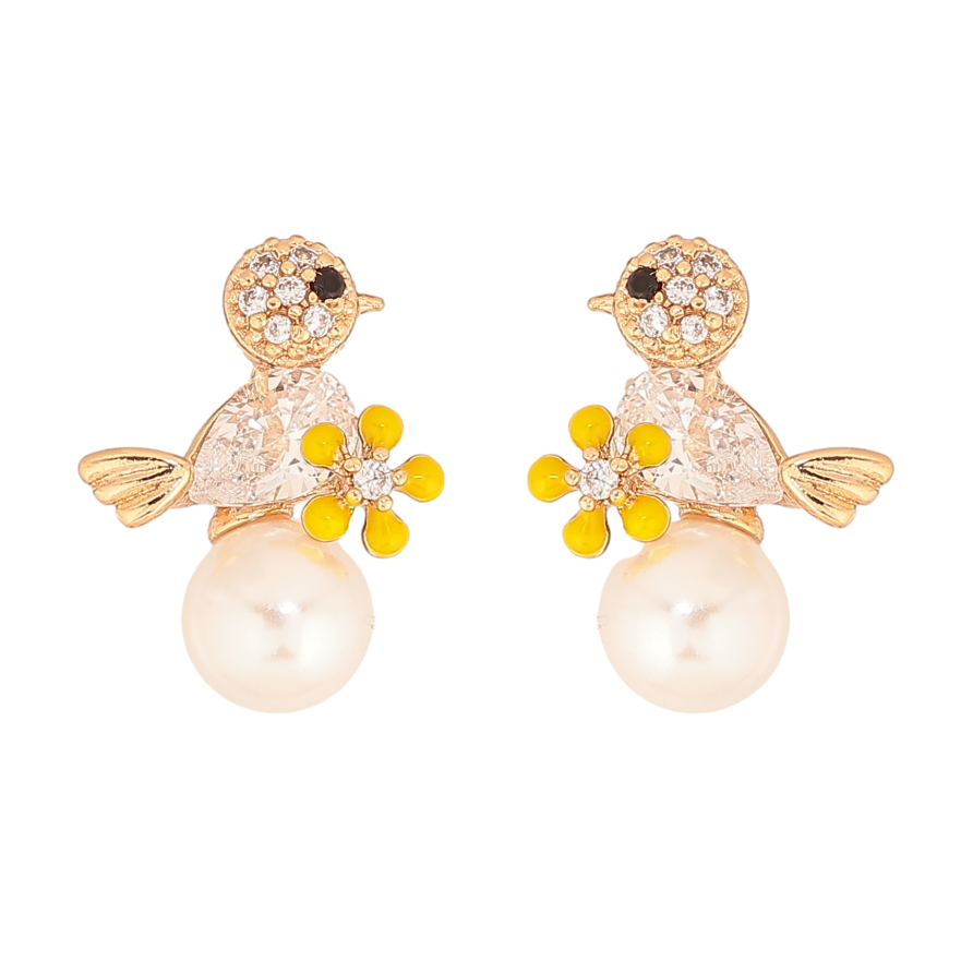 Серьги Xuping цвет Позолота 18К пусеты "Птичка с жемчужиной и желтым цветочком" фото №1