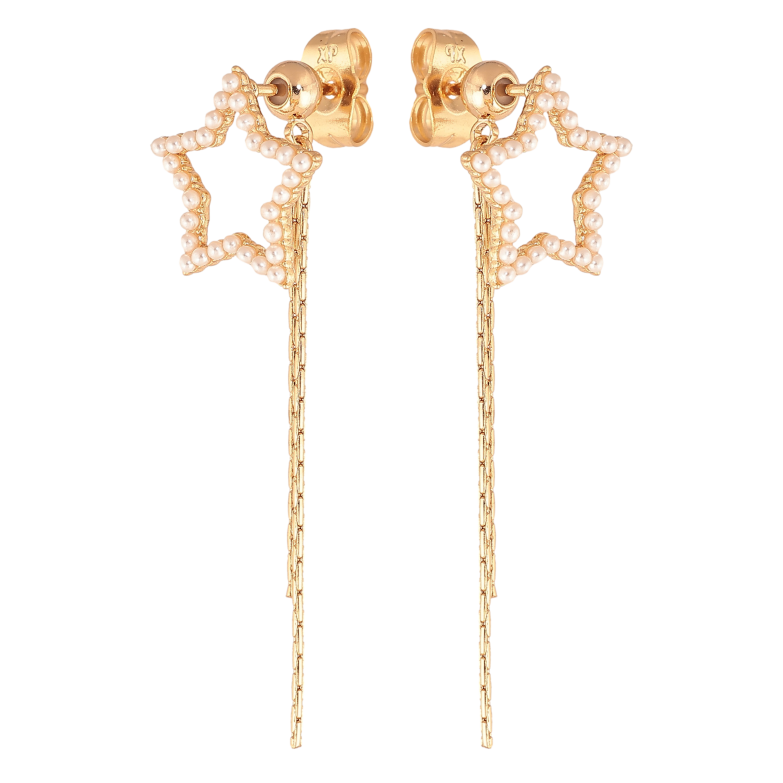 Серьги Xuping цвет Позолота 18К пусеты "Жемчужные звезды с подвесками" 2 в 1 фото №3