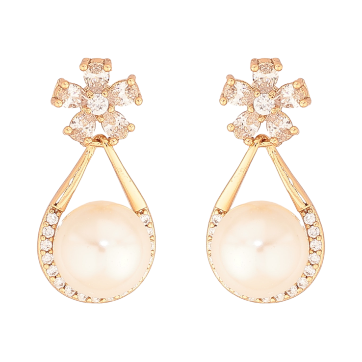 Серьги Xuping цвет Позолота 18К пусеты "Кристальные цветочки с жемчужными подвесками" фото №11